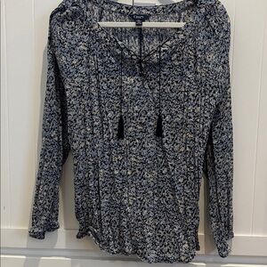 Chaps Navy and White Patterned Blouse
